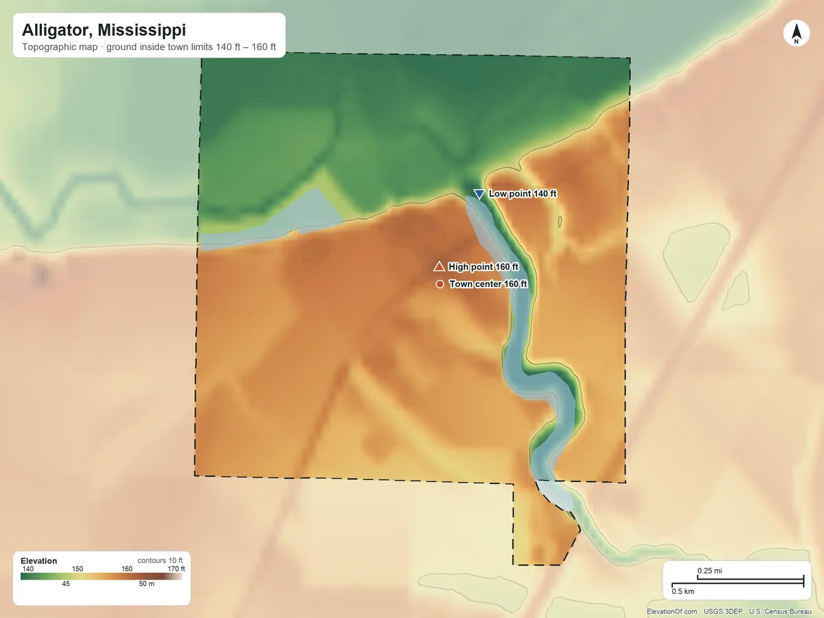 Topographic elevation map of Alligator, Mississippi, shaded from 140 ft on the northeast side to 160 ft near the middle