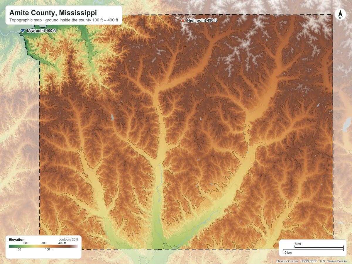 Topographic elevation map of Amite County, Mississippi, shaded from 100 ft on the northwest side to 490 ft on the north side
