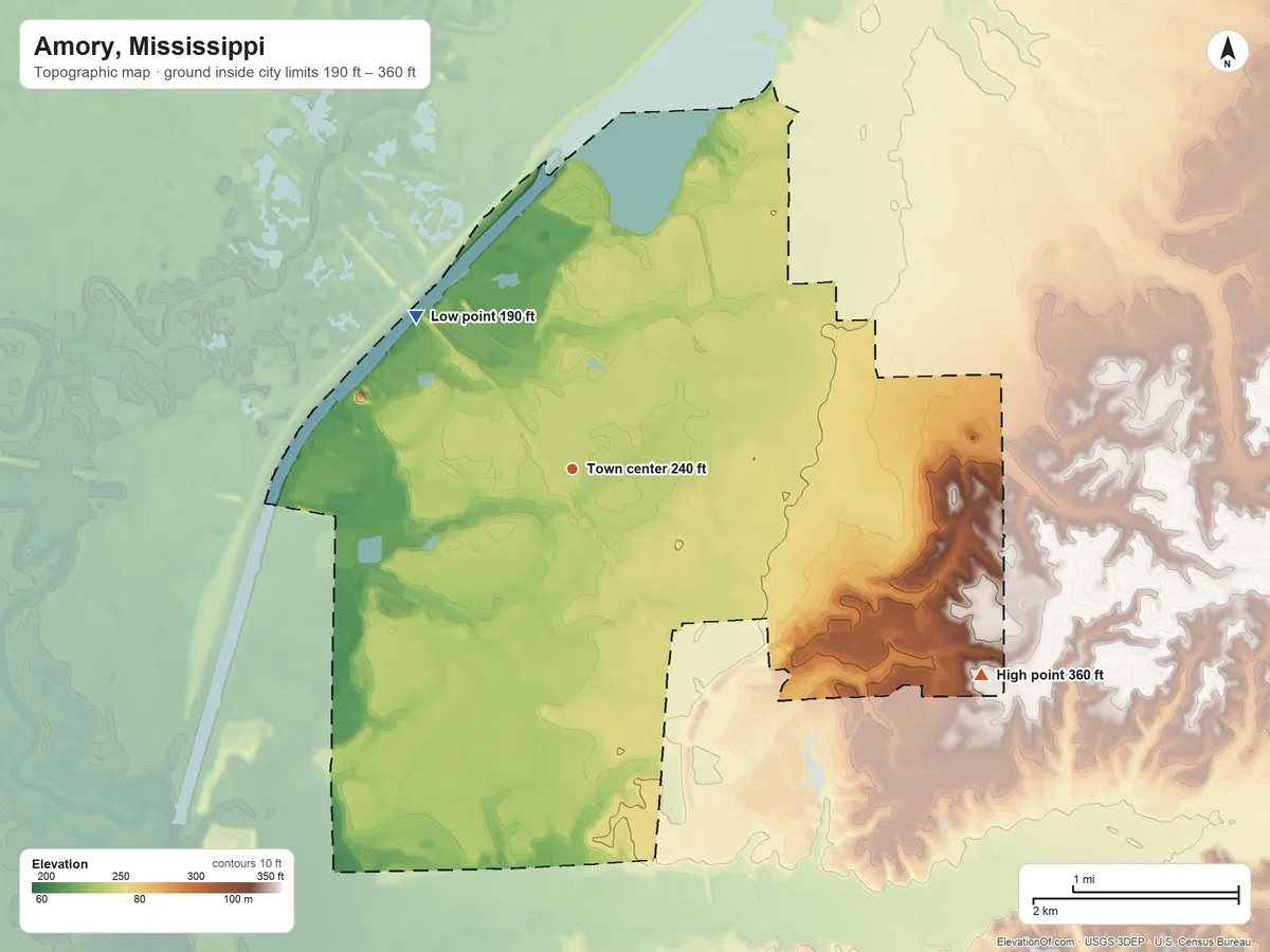 Topographic elevation map of Amory, Mississippi, shaded from 190 ft on the northwest side to 360 ft on the southeast side