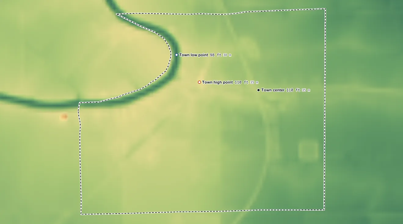 Topographic elevation map of Anguilla, Mississippi, shaded from 98 ft on the northwest side to 110 ft on the west side