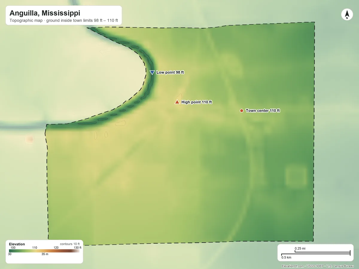 Topographic elevation map of Anguilla, Mississippi, shaded from 98 ft on the northwest side to 110 ft on the west side