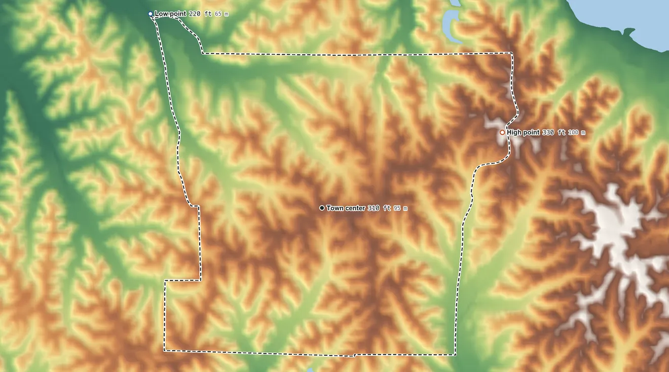 Topographic elevation map of Arkabutla, Mississippi, shaded from 220 ft on the northwest side to 330 ft on the northeast side