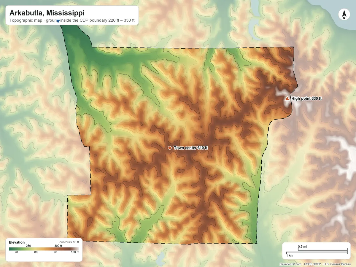 Topographic elevation map of Arkabutla, Mississippi, shaded from 220 ft on the northwest side to 330 ft on the northeast side