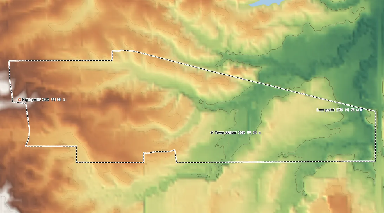 Topographic elevation map of Arnold Line, Mississippi, shaded from 170 ft on the east side to 320 ft on the west side