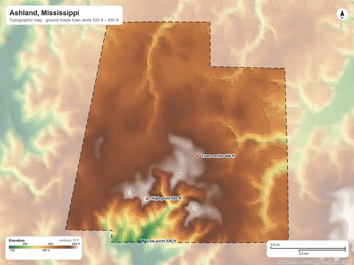 Topographic elevation map of Ashland, Mississippi, shaded from 520 ft on the southwest side to 650 ft on the southwest side