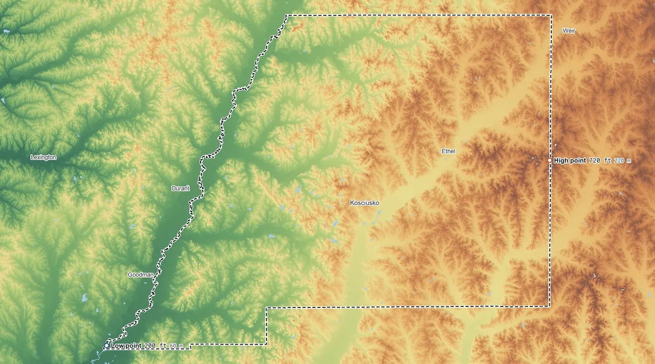 Topographic elevation map of Attala County, Mississippi, shaded from 200 ft on the southwest side to 720 ft on the east side