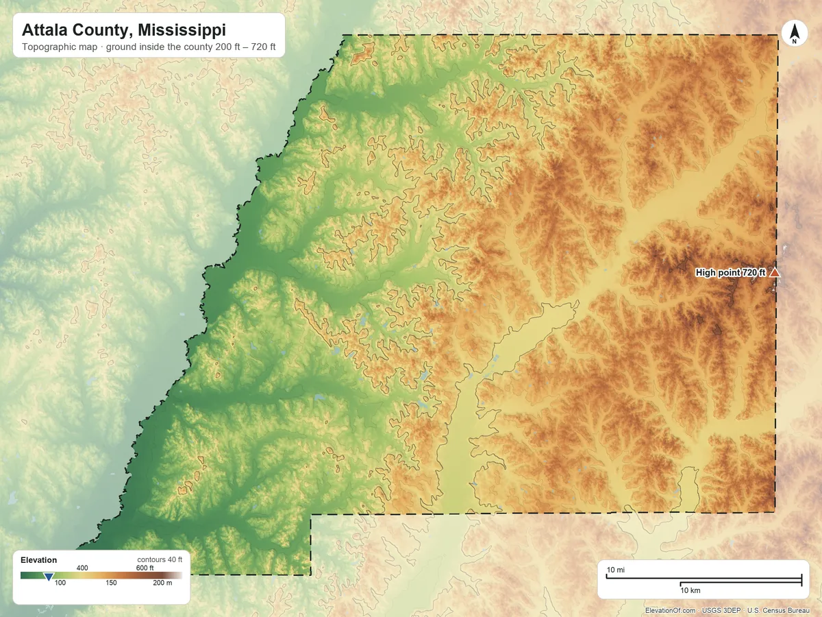 Topographic elevation map of Attala County, Mississippi, shaded from 200 ft on the southwest side to 720 ft on the east side