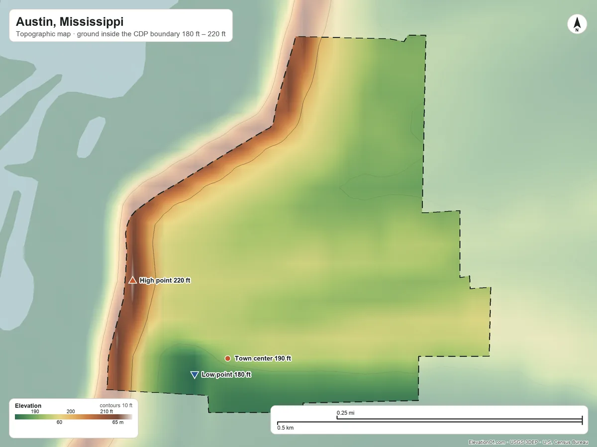 Topographic elevation map of Austin, Mississippi, shaded from 180 ft near the middle to 220 ft on the northwest side