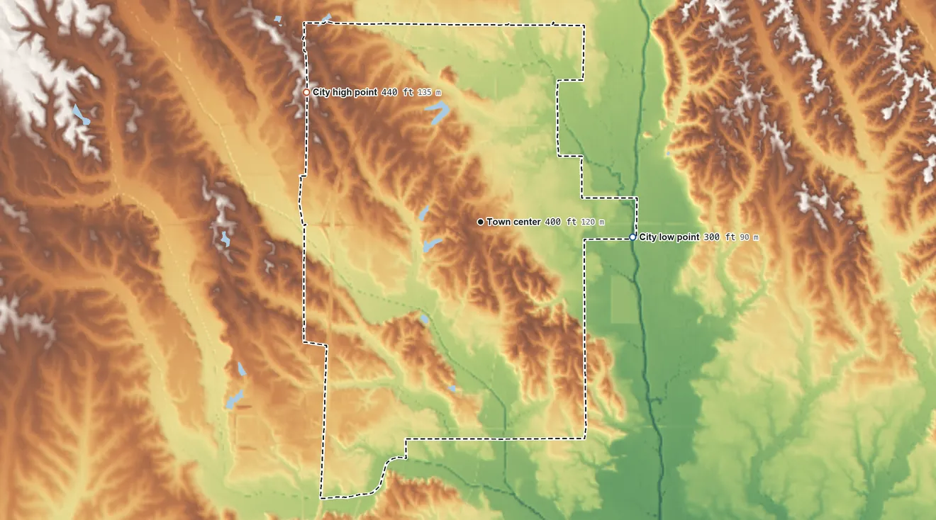 Topographic elevation map of Baldwyn, Mississippi, shaded from 300 ft on the east side to 440 ft on the northwest side