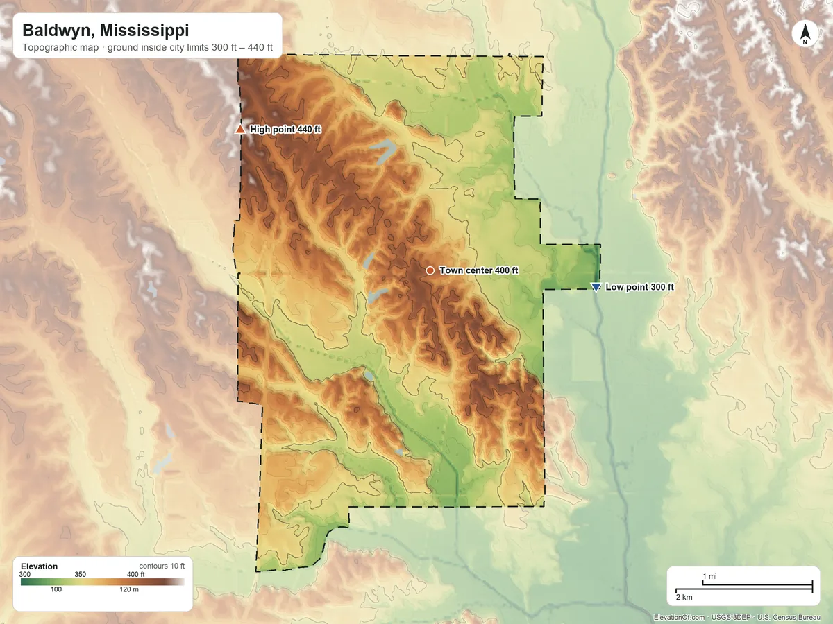 Topographic elevation map of Baldwyn, Mississippi, shaded from 300 ft on the east side to 440 ft on the northwest side