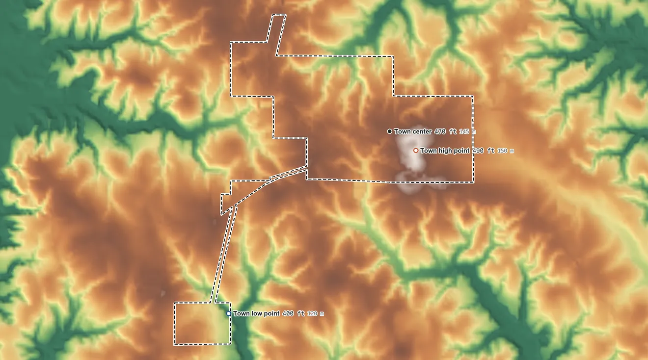 Topographic elevation map of Bassfield, Mississippi, shaded from 400 ft on the southwest side to 490 ft near the middle