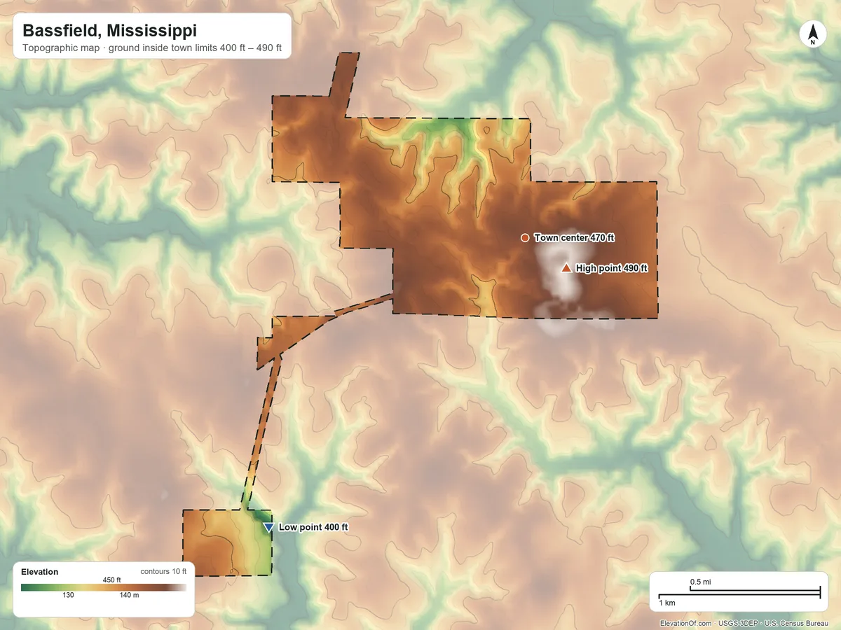 Topographic elevation map of Bassfield, Mississippi, shaded from 400 ft on the southwest side to 490 ft near the middle
