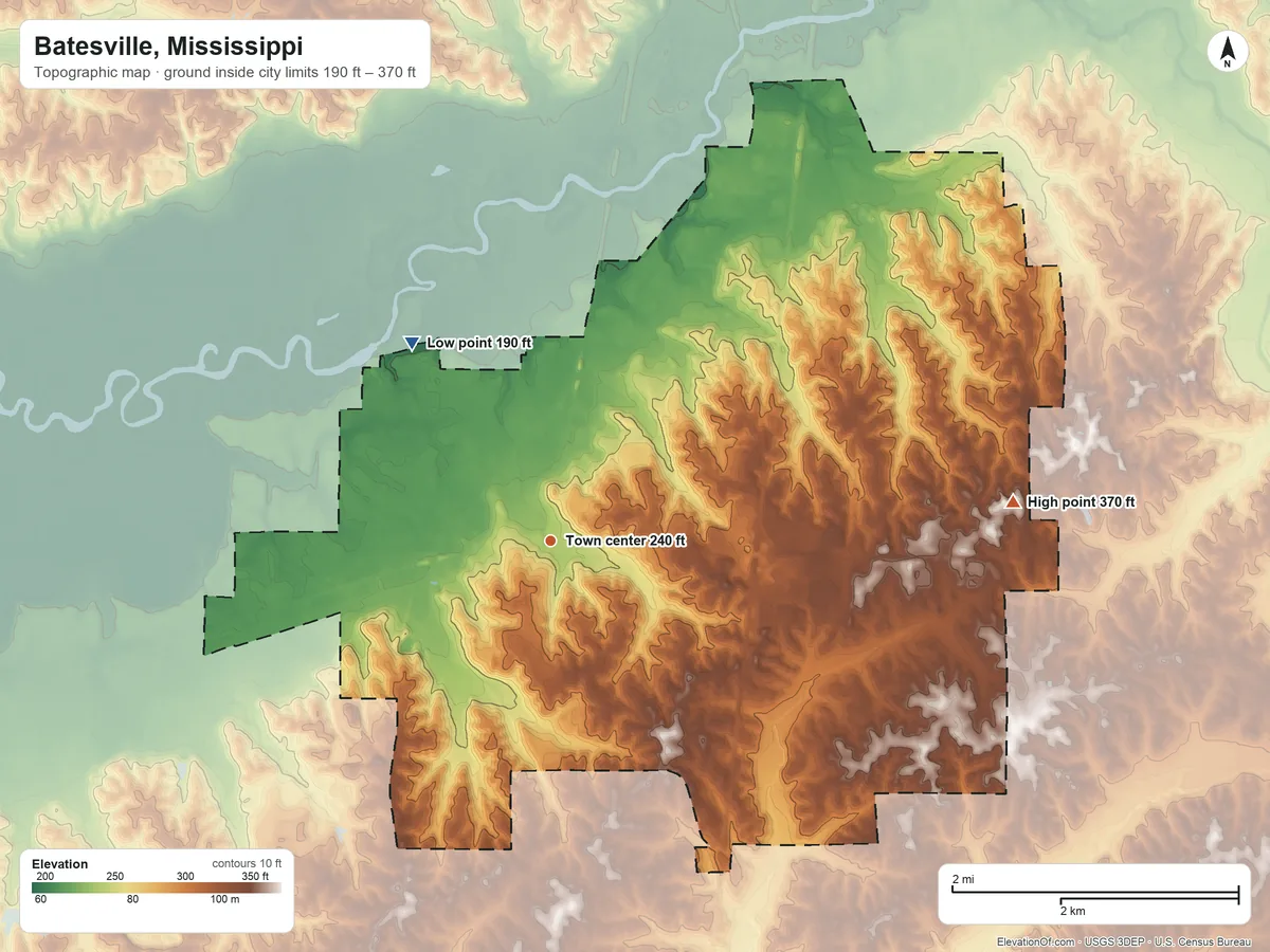 Topographic elevation map of Batesville, Mississippi, shaded from 190 ft on the northwest side to 370 ft on the east side