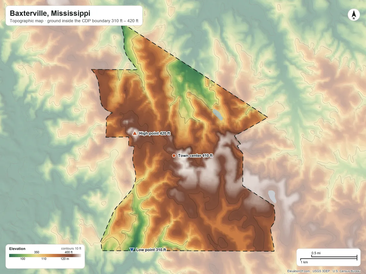 Topographic elevation map of Baxterville, Mississippi, shaded from 310 ft on the southwest side to 420 ft on the northwest side