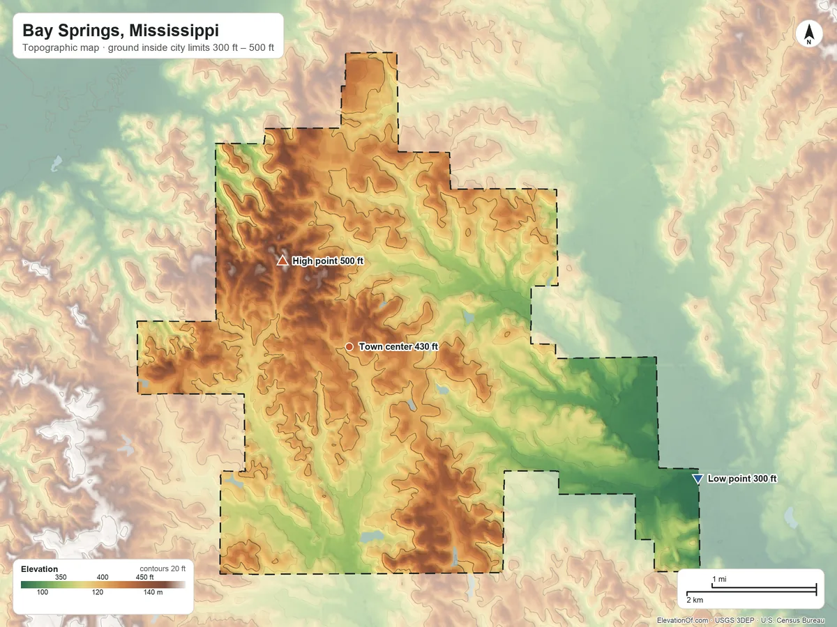 Topographic elevation map of Bay Springs, Mississippi, shaded from 300 ft on the east side to 500 ft on the northwest side