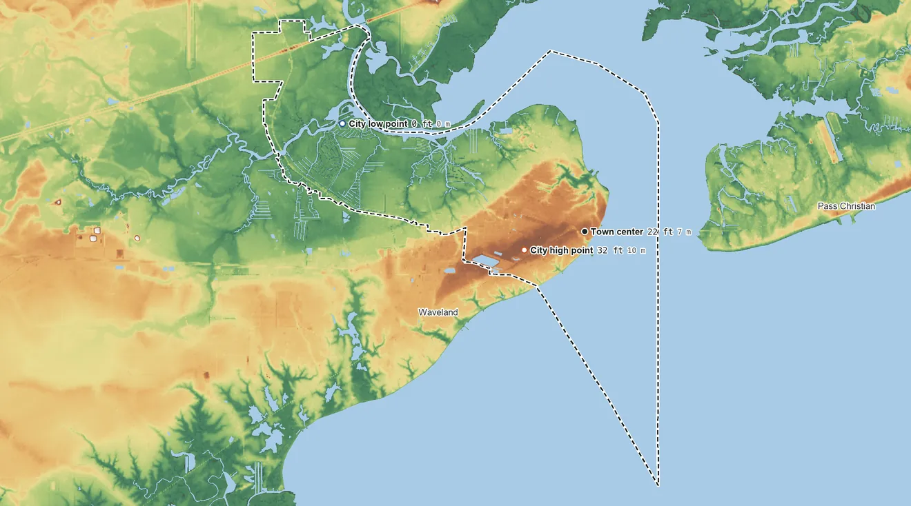 Topographic elevation map of Bay St. Louis, Mississippi, shaded from sea level level on St. Louis Bay to 32 ft on the west side