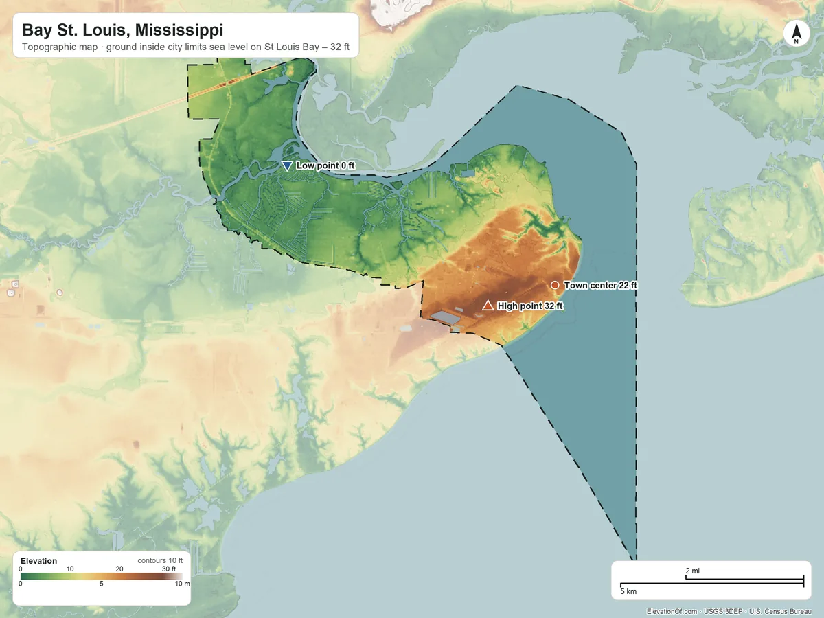 Topographic elevation map of Bay St. Louis, Mississippi, shaded from sea level level on St. Louis Bay to 32 ft on the west side