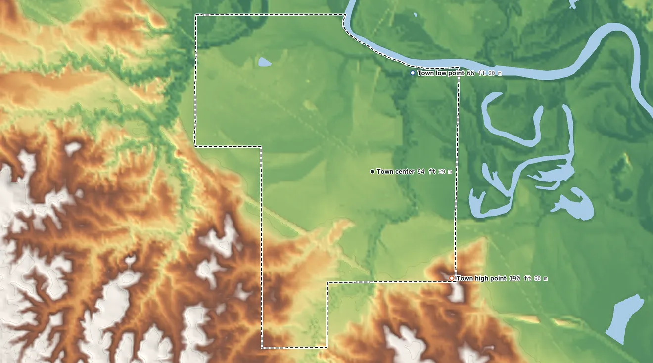 Topographic elevation map of Beaumont, Mississippi, shaded from 66 ft on the north side to 190 ft on the southeast side