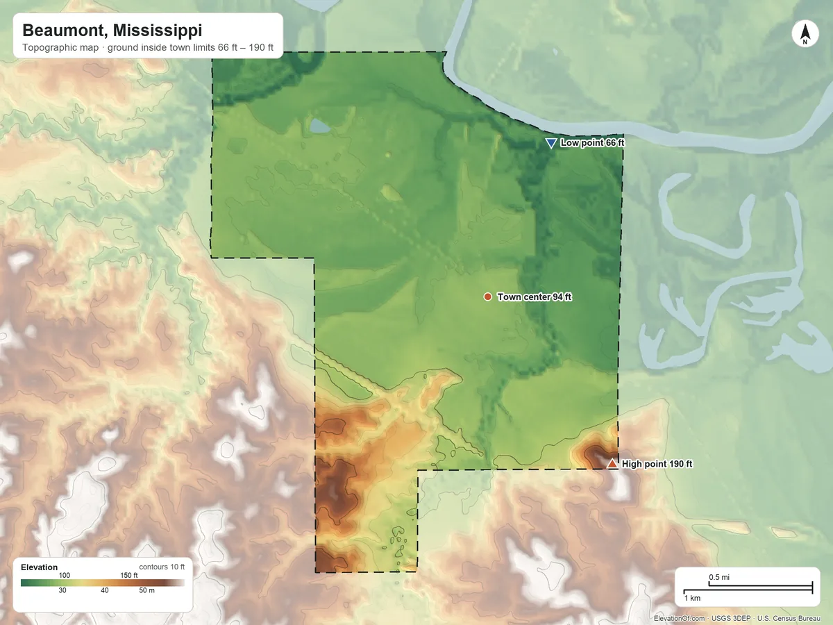 Topographic elevation map of Beaumont, Mississippi, shaded from 66 ft on the north side to 190 ft on the southeast side