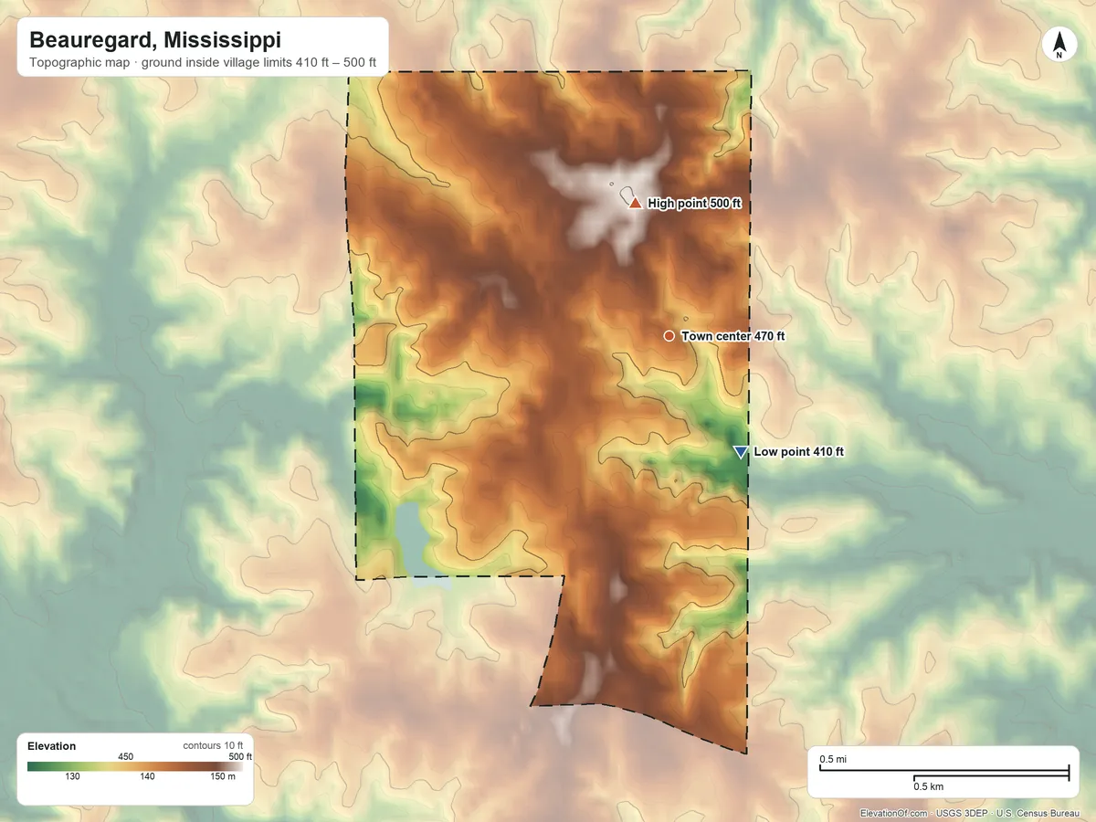 Topographic elevation map of Beauregard, Mississippi, shaded from 410 ft on the southeast side to 500 ft on the north side