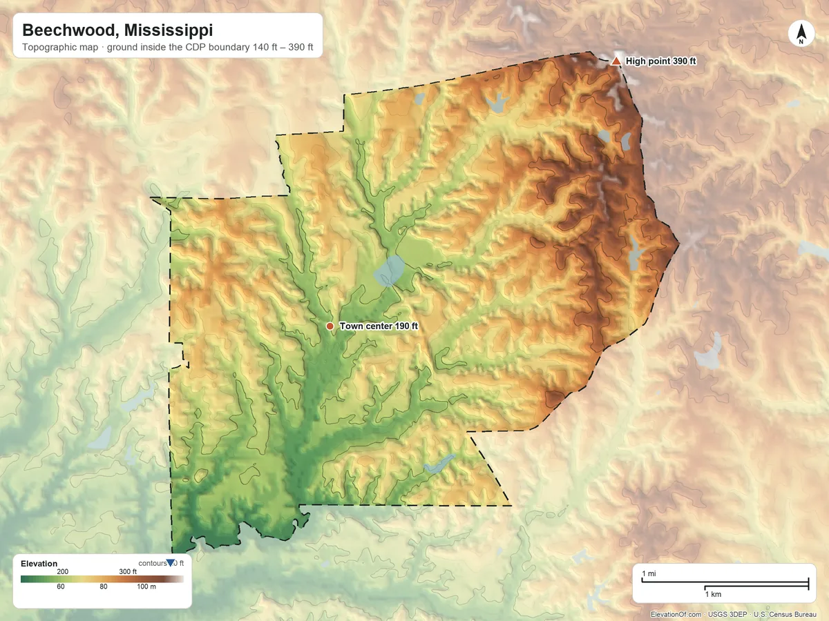 Topographic elevation map of Beechwood, Mississippi, shaded from 140 ft on the southwest side to 390 ft on the northeast side