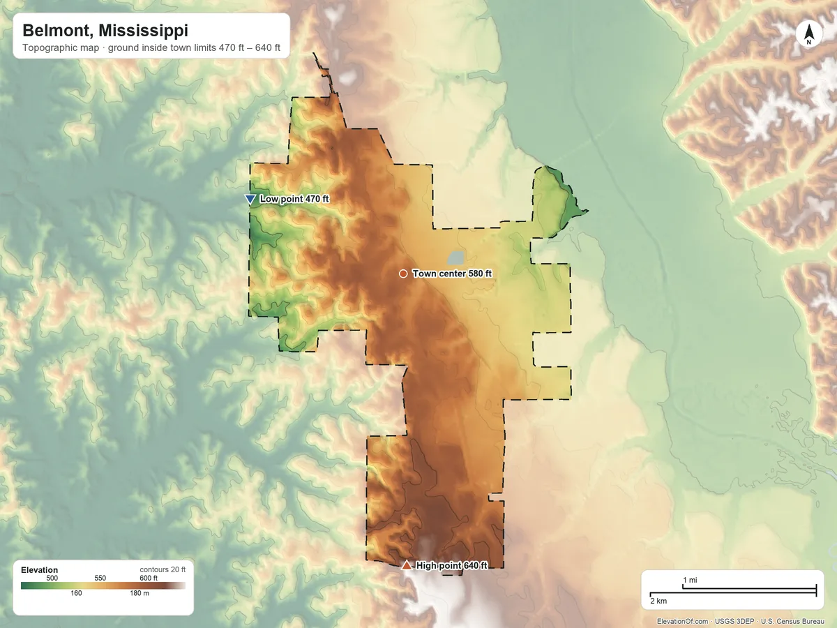 Topographic elevation map of Belmont, Mississippi, shaded from 470 ft on the northwest side to 640 ft on the south side