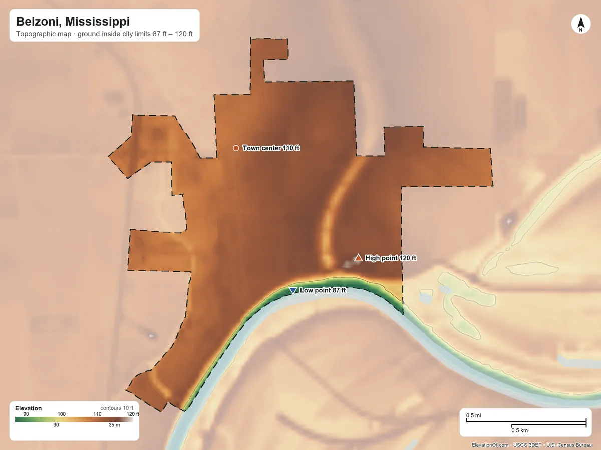 Topographic elevation map of Belzoni, Mississippi, shaded from 87 ft on the south side to 120 ft on the southeast side
