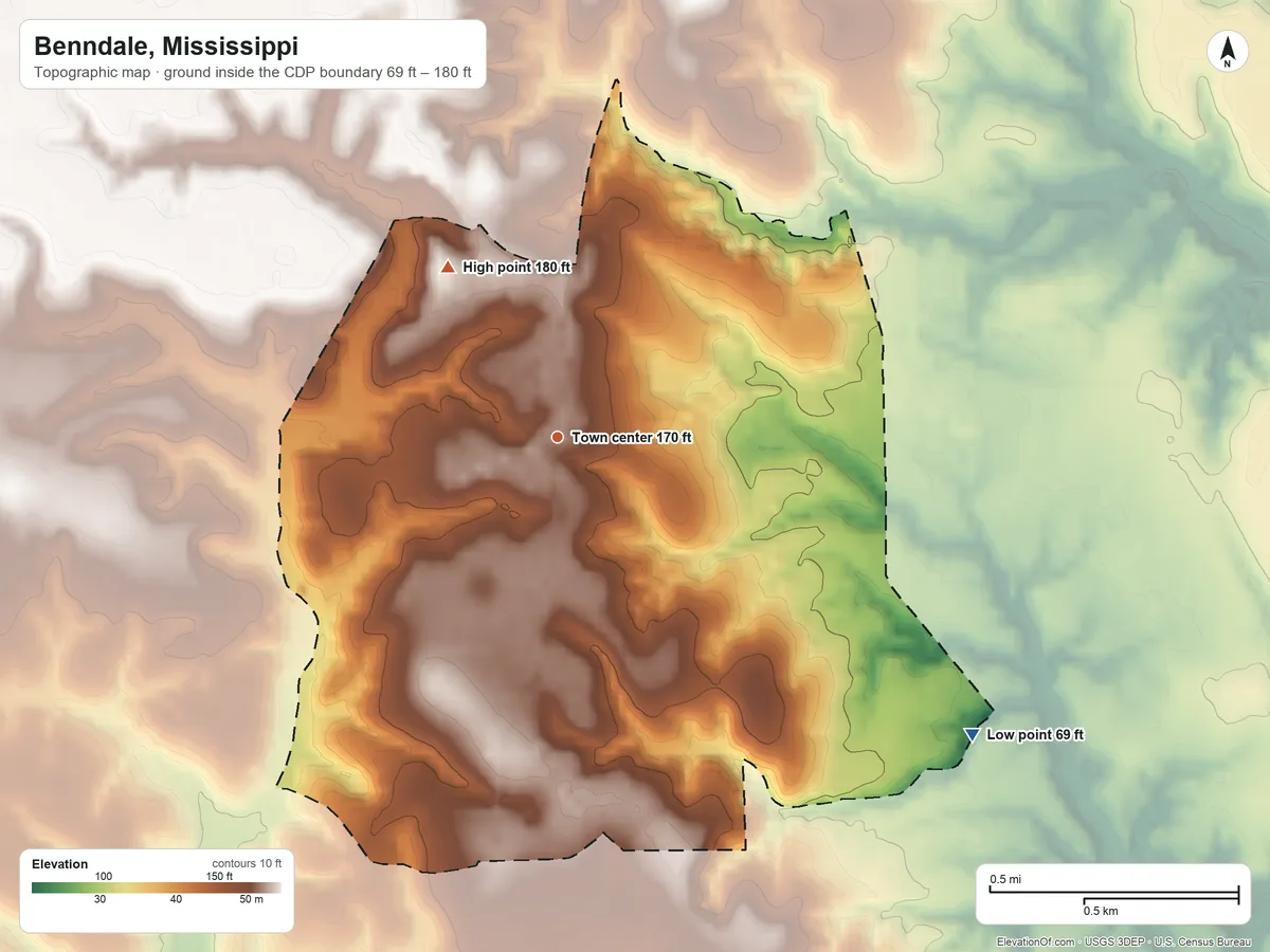 Topographic elevation map of Benndale, Mississippi, shaded from 69 ft on the southeast side to 180 ft on the northwest side