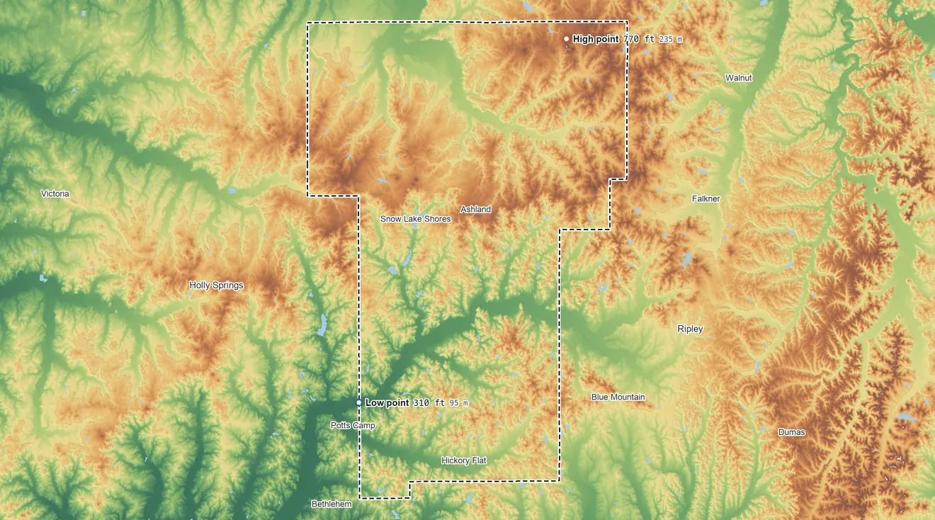Topographic elevation map of Benton County, Mississippi, shaded from 310 ft on the southwest side to 770 ft on the northeast side