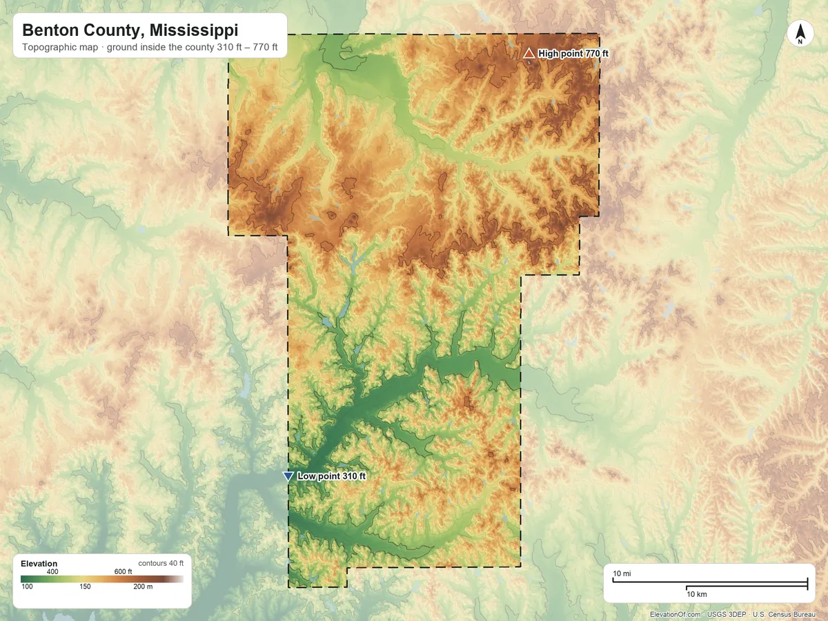 Topographic elevation map of Benton County, Mississippi, shaded from 310 ft on the southwest side to 770 ft on the northeast side