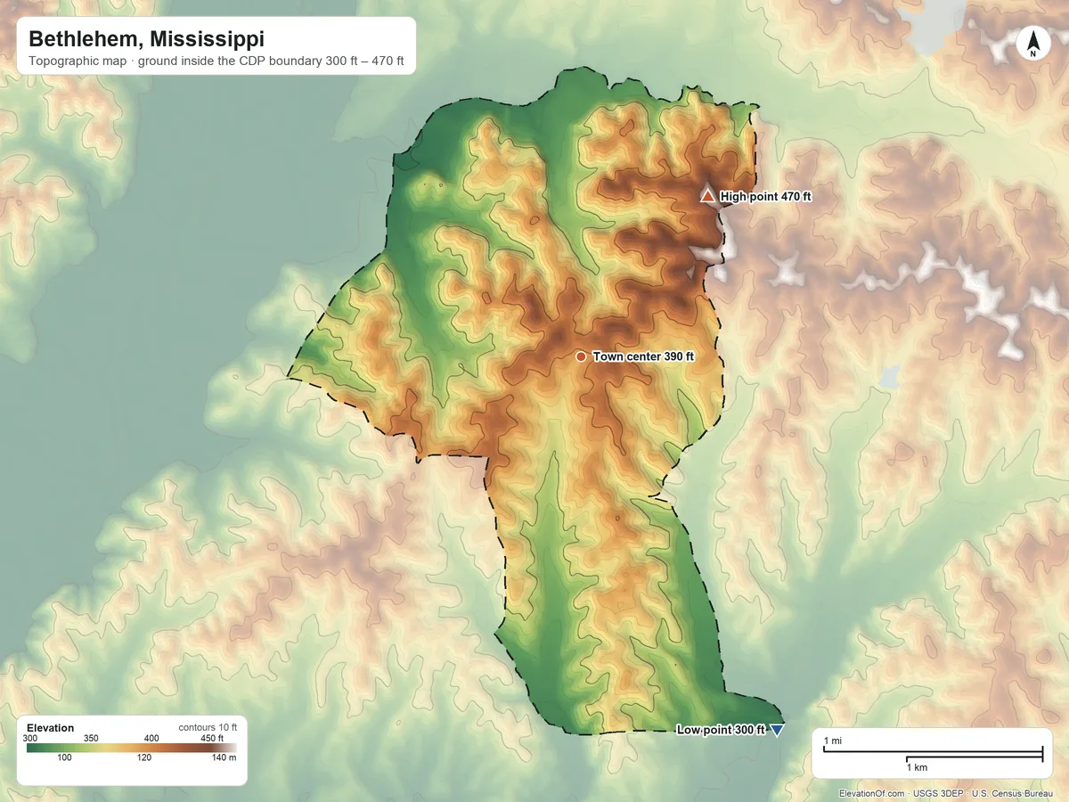 Topographic elevation map of Bethlehem, Mississippi, shaded from 300 ft on the southeast side to 470 ft on the northeast side