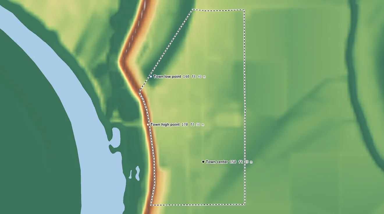 Topographic elevation map of Beulah, Mississippi, shaded from 140 ft on the northwest side to 170 ft on the northwest side