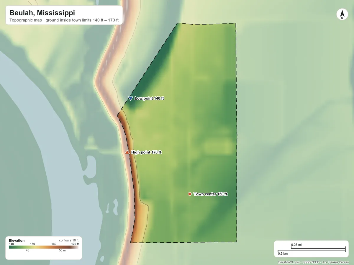 Topographic elevation map of Beulah, Mississippi, shaded from 140 ft on the northwest side to 170 ft on the northwest side