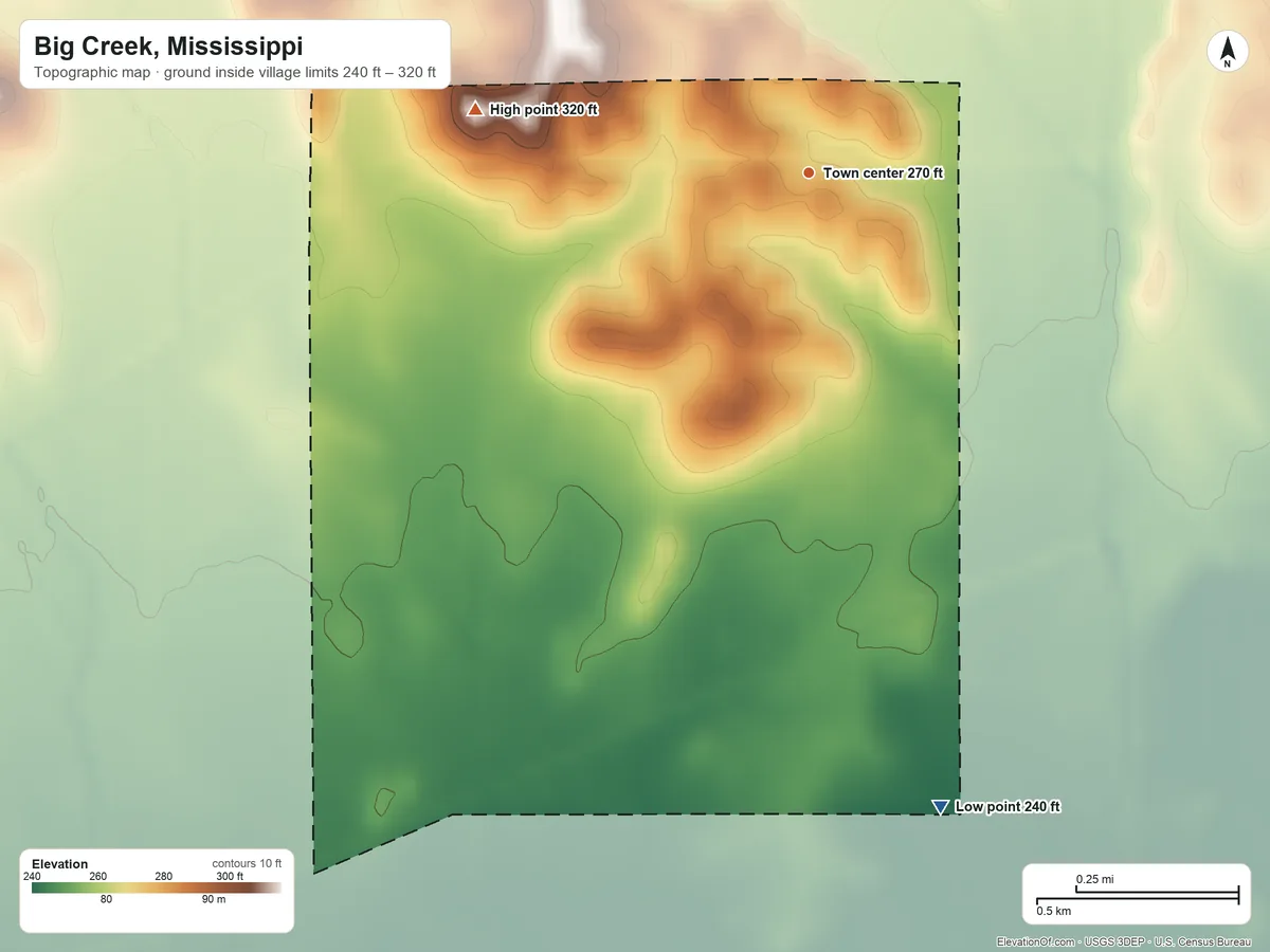 Topographic elevation map of Big Creek, Mississippi, shaded from 240 ft on the south side to 320 ft on the west side