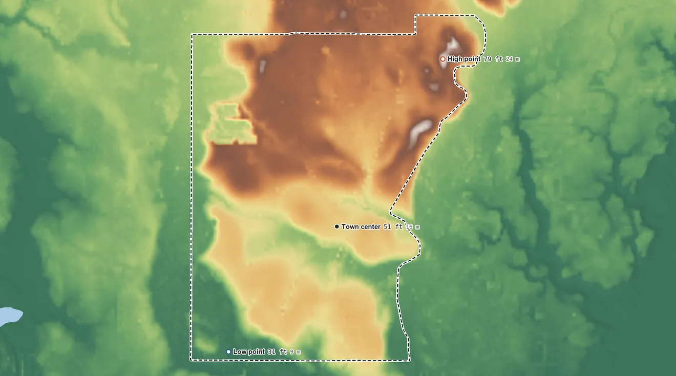 Topographic elevation map of Big Point, Mississippi, shaded from 31 ft on the southwest side to 79 ft on the northeast side