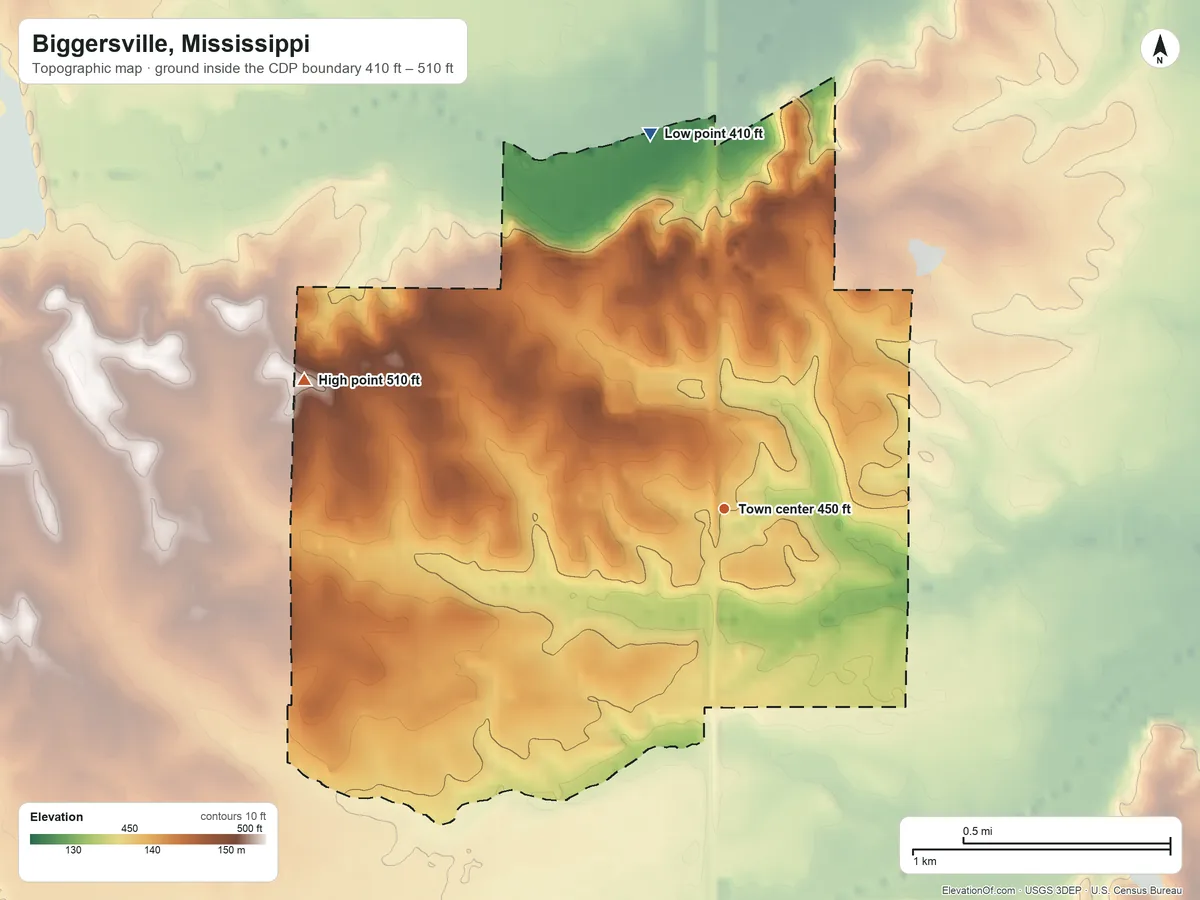 Topographic elevation map of Biggersville, Mississippi, shaded from 410 ft on the north side to 510 ft on the west side