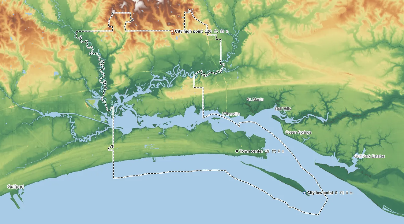 Topographic elevation map of Biloxi, Mississippi, shaded from sea level level on Mississippi Sound to 120 ft on the northwest side