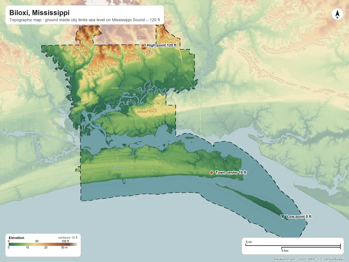 Topographic elevation map of Biloxi, Mississippi, shaded from sea level level on Mississippi Sound to 120 ft on the northwest side