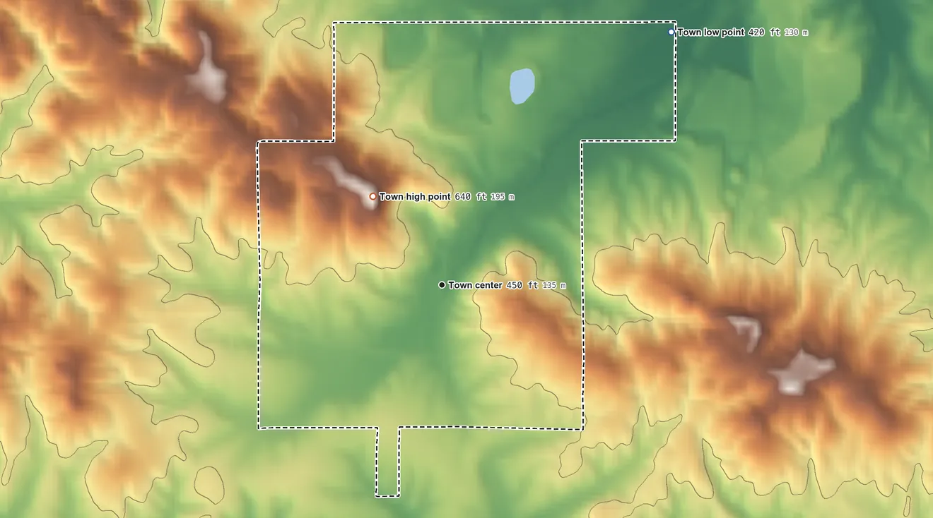 Topographic elevation map of Blue Mountain, Mississippi, shaded from 420 ft on the northeast side to 640 ft on the northwest side