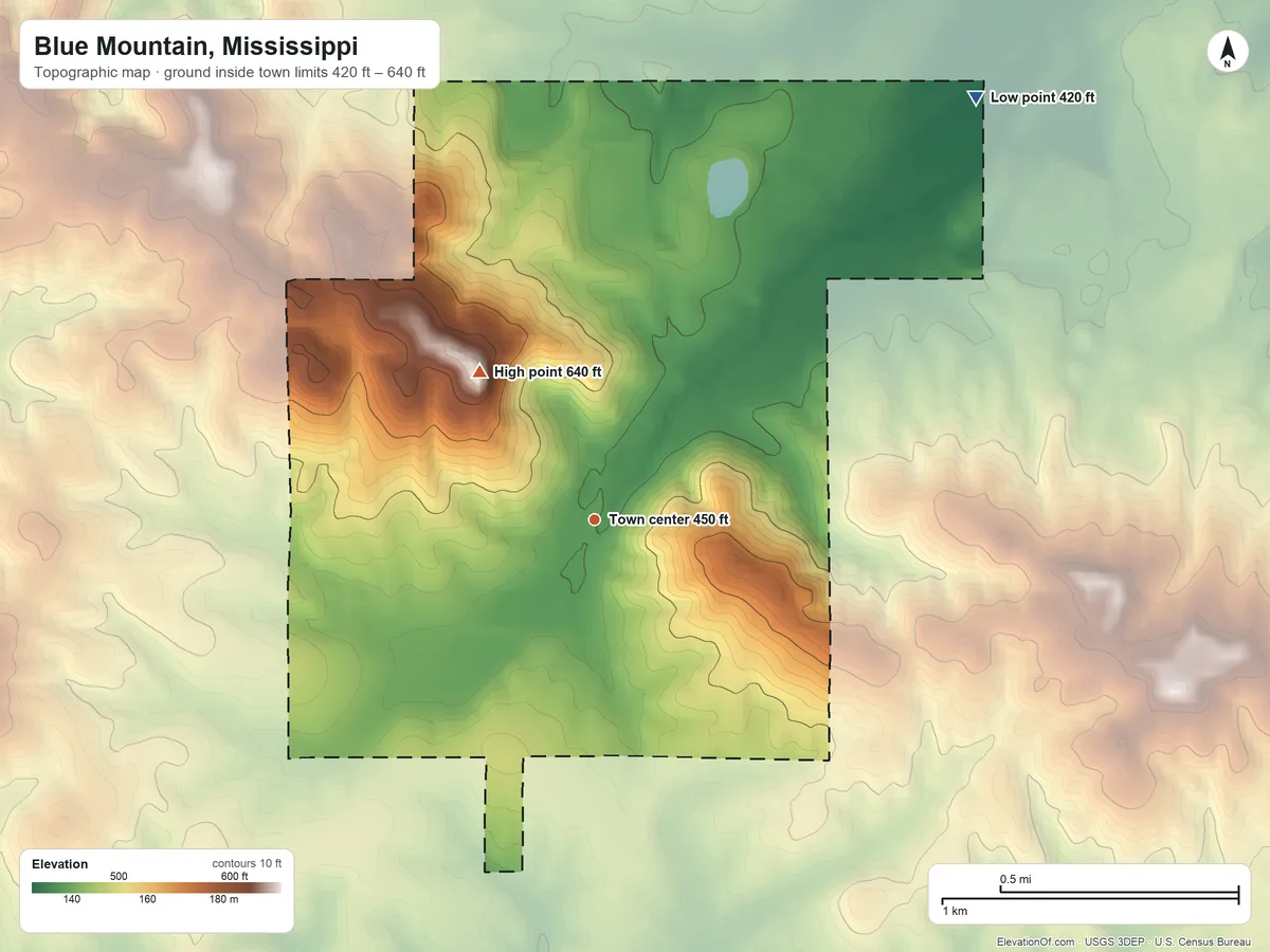 Topographic elevation map of Blue Mountain, Mississippi, shaded from 420 ft on the northeast side to 640 ft on the northwest side