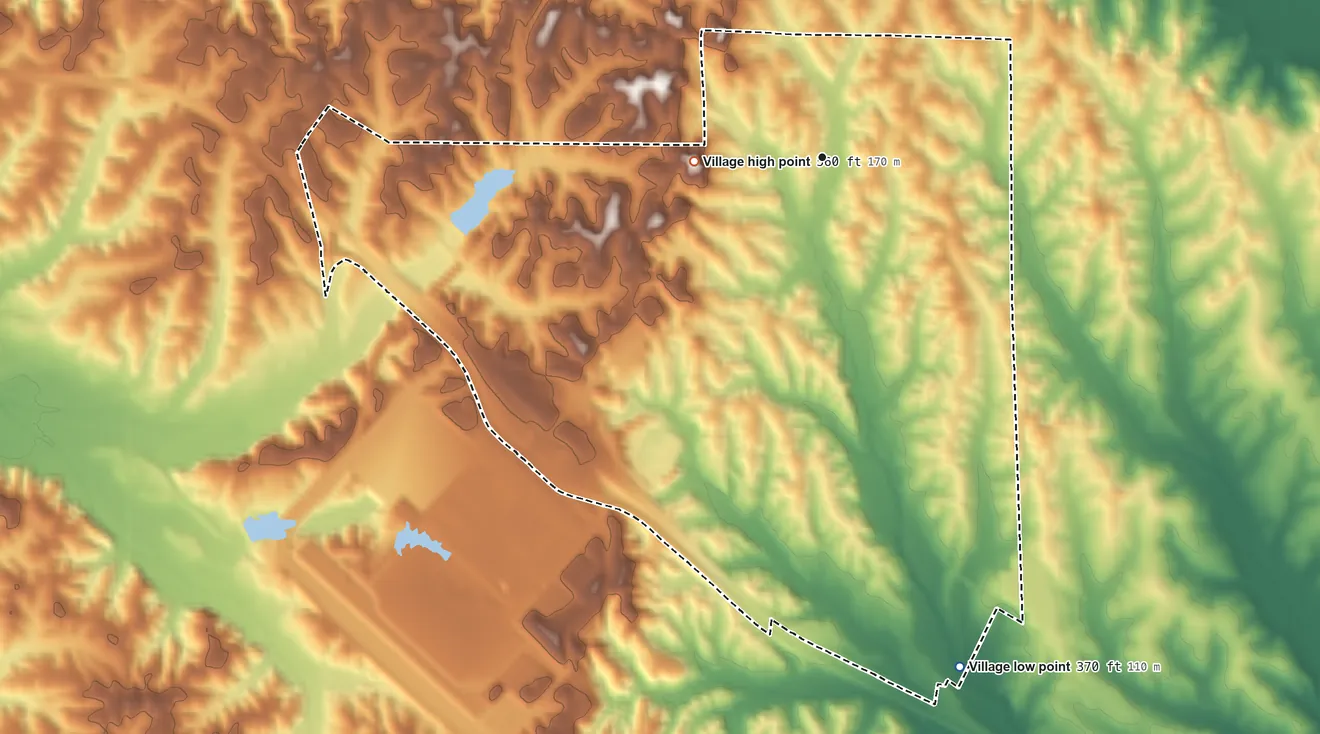 Topographic elevation map of Blue Springs, Mississippi, shaded from 370 ft on the south side to 560 ft on the west side