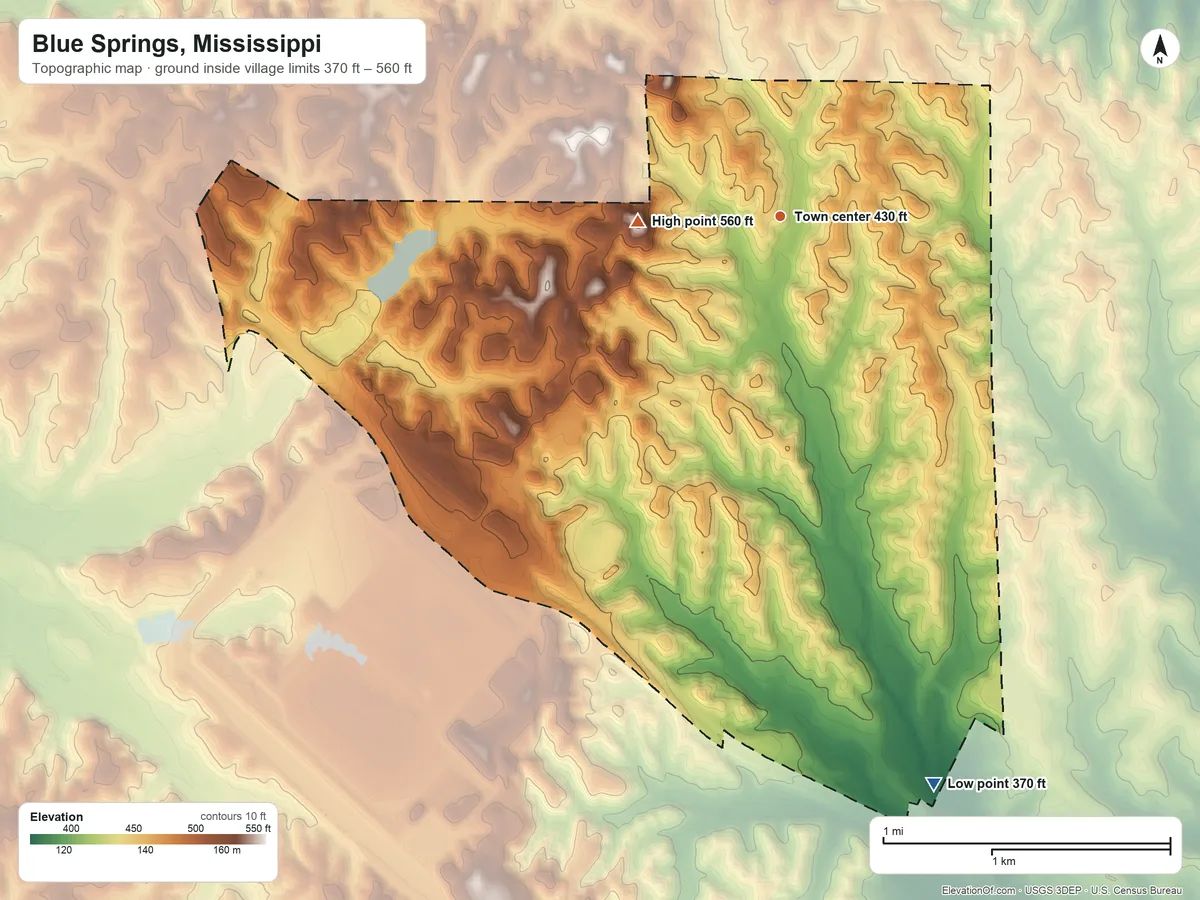 Topographic elevation map of Blue Springs, Mississippi, shaded from 370 ft on the south side to 560 ft on the west side
