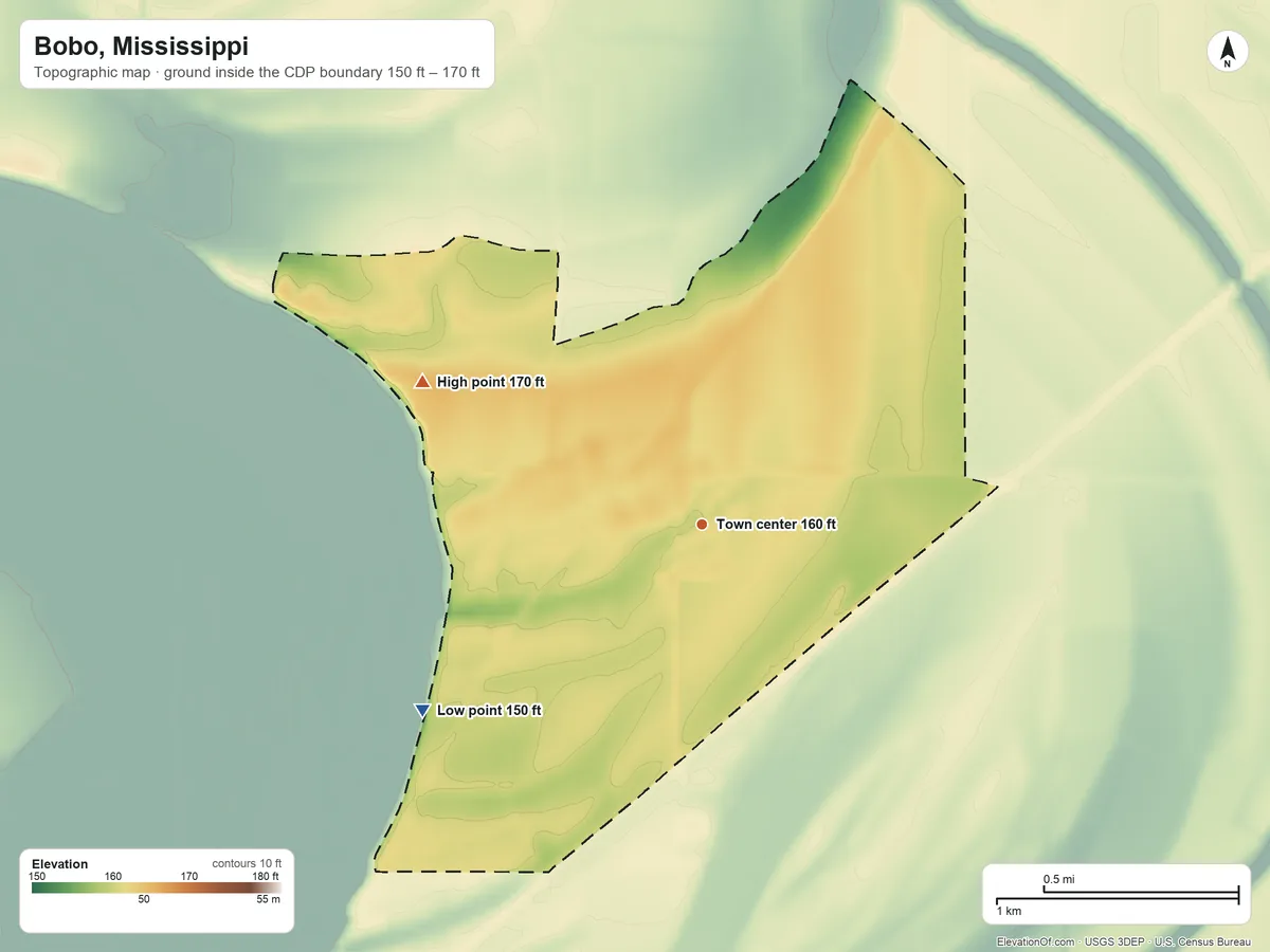 Topographic elevation map of Bobo, Mississippi, shaded from 150 ft on the southwest side to 170 ft on the northwest side