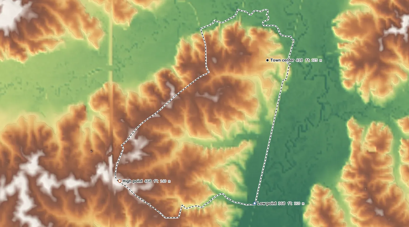 Topographic elevation map of Bogue Chitto, Lincoln County, Mississippi, shaded from 360 ft on the south side to 460 ft on the southwest side
