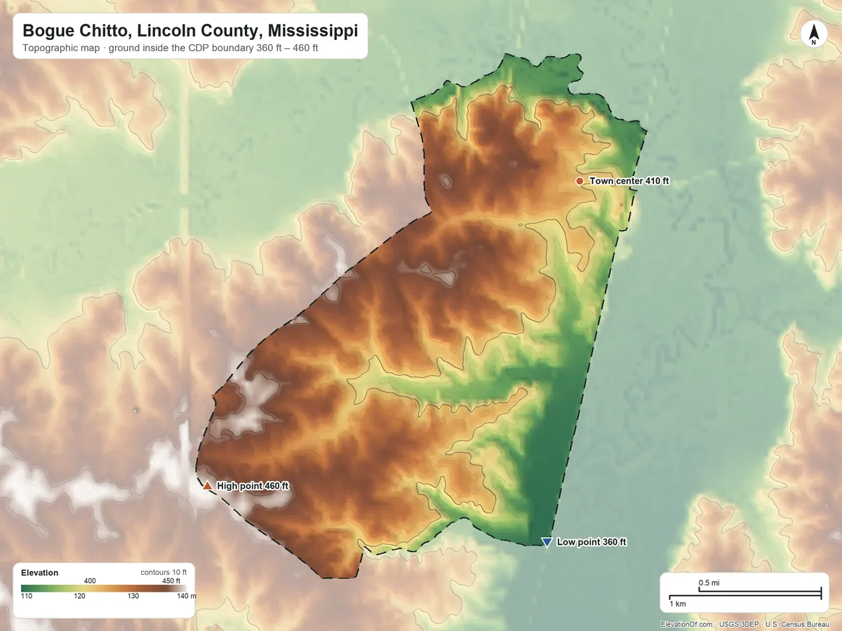 Topographic elevation map of Bogue Chitto, Lincoln County, Mississippi, shaded from 360 ft on the south side to 460 ft on the southwest side