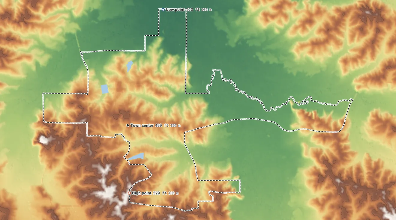 Topographic elevation map of Bogue Chitto, Mississippi, shaded from 420 ft on the north side to 520 ft on the south side