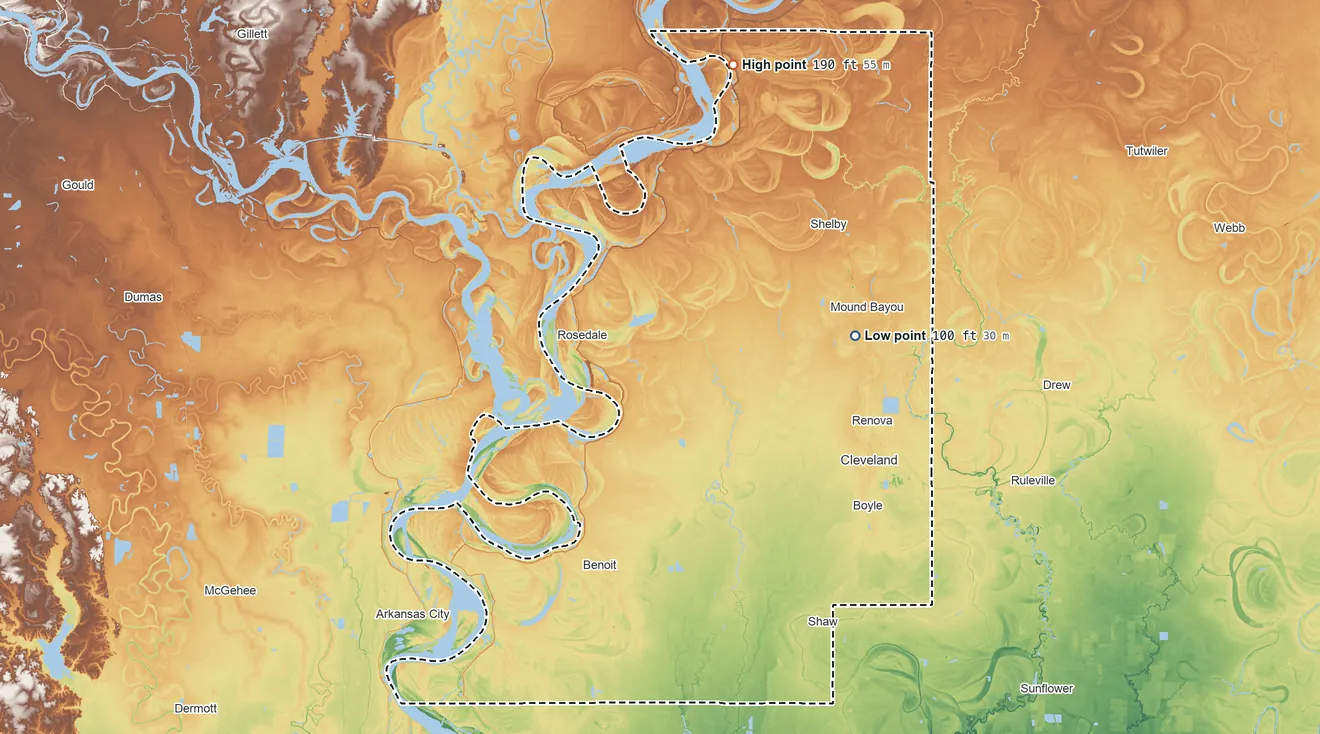 Topographic elevation map of Bolivar County, Mississippi, shaded from 100 ft on the east side to 190 ft on the north side
