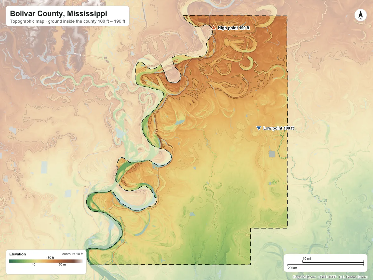 Topographic elevation map of Bolivar County, Mississippi, shaded from 100 ft on the east side to 190 ft on the north side