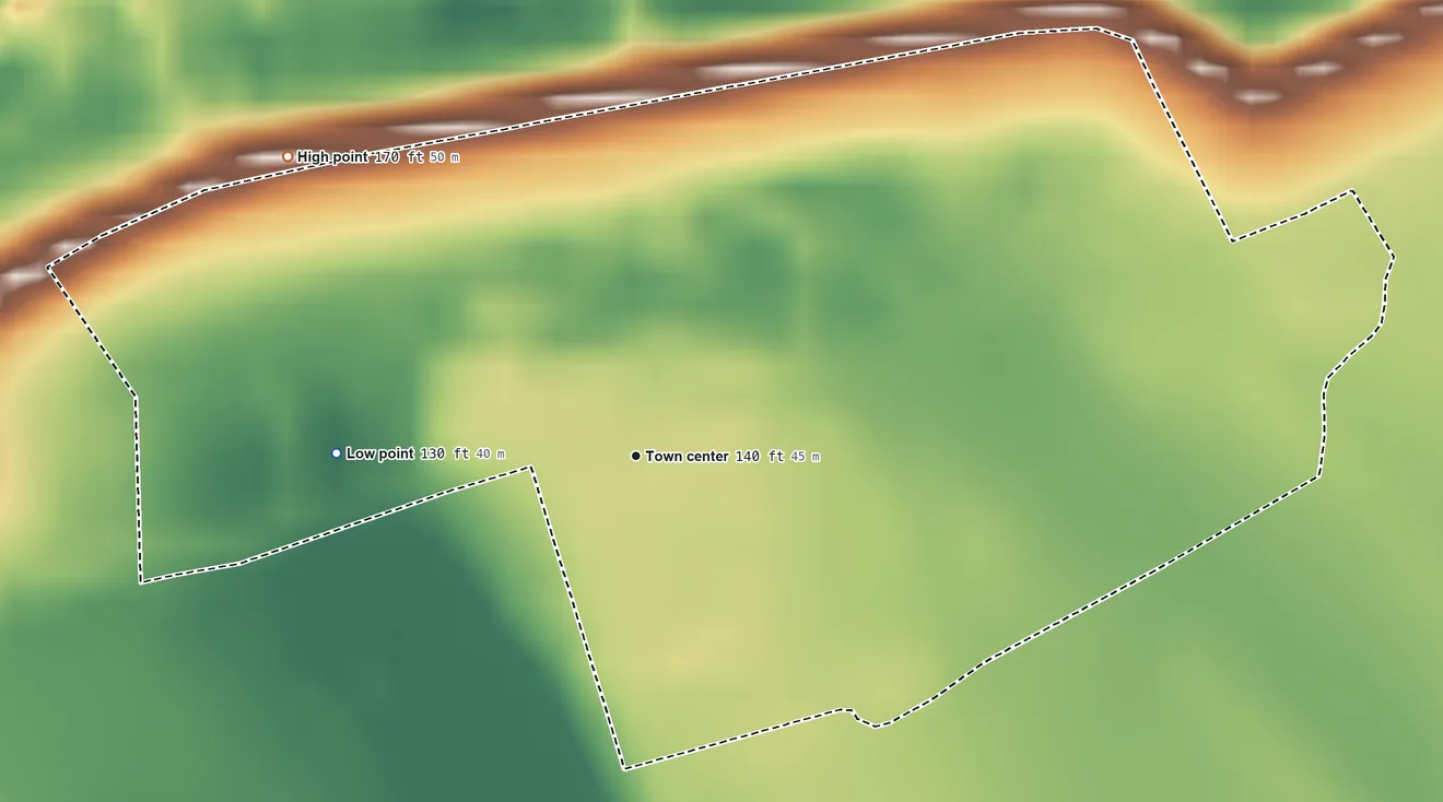 Topographic elevation map of Bolivar, Mississippi, shaded from 130 ft on the west side to 170 ft on the northwest side