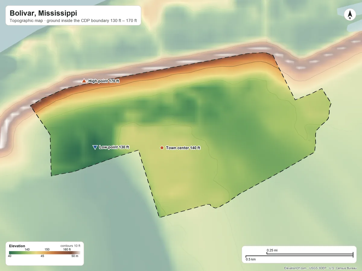 Topographic elevation map of Bolivar, Mississippi, shaded from 130 ft on the west side to 170 ft on the northwest side
